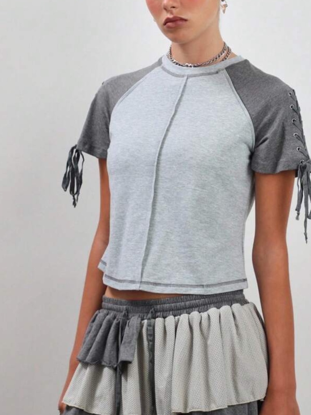 Gray Short Sleeve Raglan Tee with Lace-Up Sleeves